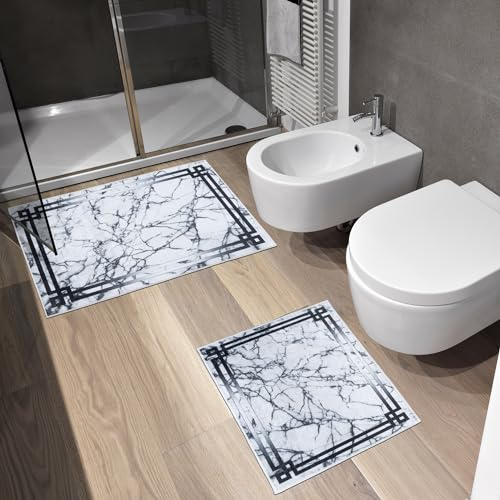 e-floor 2X Badematte | 50x40cm + 50x80cm | Marmor, Rahmen | Anti-Rutsch | Badteppich | Badvorleger | Duschvorleger | Duschmatte | Rutschhemmend | Ultraweich | Saugfähig