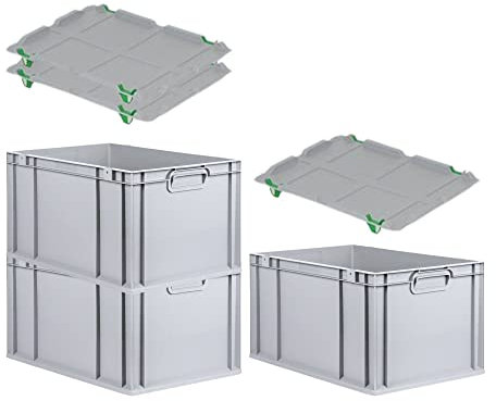 PROREGAL SuperSparSet 3x Eurobox NextGen Grip mit Auflagedeckel & 4 grünen Schiebeschnappverschlüssen, HxBxT 32x40x60cm, 65 L, Grau, Griffe geschlossen, Eurobehälter, Transportbox