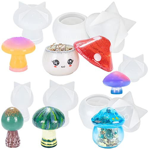 FUNSHOWCASE Pilz Epoxidharz Silikonformen 6er Set mit Deckel für Schmuckbehälter Bonbonglas Kerzenhalter Diorama