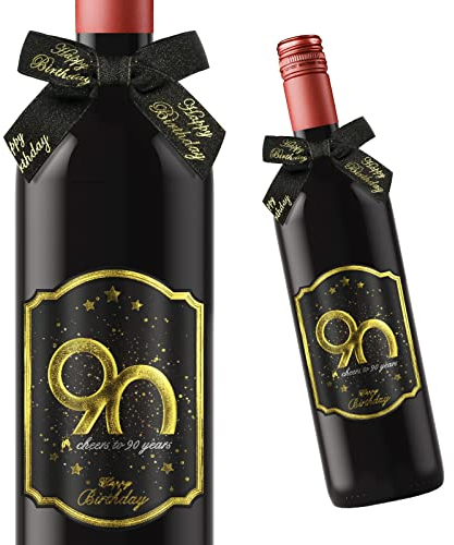 Giftota 2 Stück 90 Geburtstags-Flaschenetikett & Geschenkschleifen - Weinetiketten Personalisiert Selbstklebend für Sekt und Schaumwein - 90 Geburtstag Deko - Geburtstags-Geschenk für Männer & Frauen