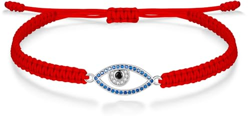 J.Endéar Handmade Bracelet Evil Eye for Women Girls, Sterling Silver 925 Cubic Zircon Nazar Bracelet, Braided Rope Bracelet for Ladies Adjustable, Good Luck Protection Amulet Gift, Red