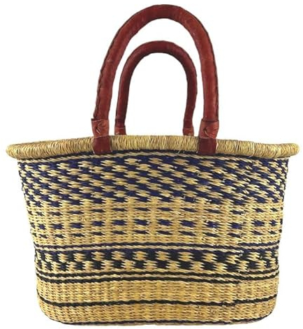 Bolga Korb Afrika - Das Original aus Ghana - Bunt - Fair Trade - Oval - Viele Farben - Afrikanischer Graskorb mit Ledergriff - Flechtkorb 30-40 cm - Ovaler Korb mit Wunschdesign (Nungua)