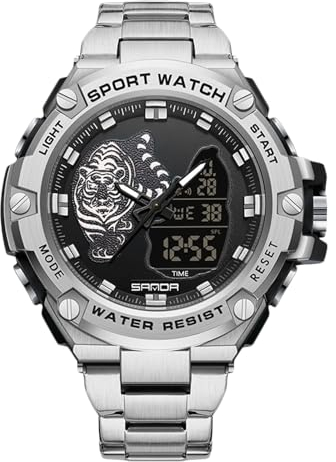 rorios Herren Elektronische Dual Display Uhr 5ATM wasserdichte Armbanduhr Digital Analog Quarz Uhren Multifunktional Militär Herrenuhren Edelstahl Armband Schwarz Silber A