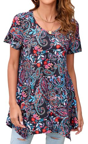 Enmain Tunic Tops for Women UK Short Sleeve T-Shirt Summer Tunics for Leggings Plus Size Round Neck Ladies Casual Loose T Shirt Black Patterned Blouse Shirt Hanky Hem Swing Top M