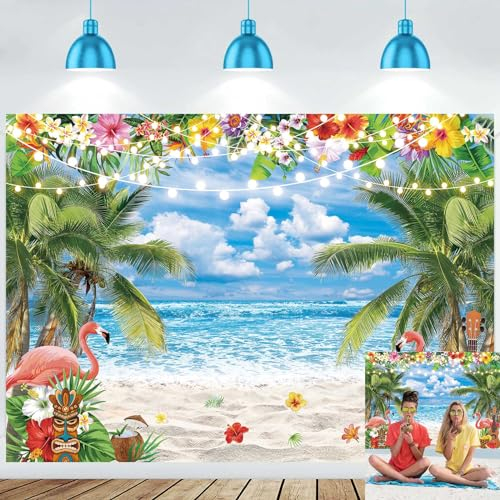 Toile de fond pour photographie d'été hawaïenne, plage, océan, ciel bleu, bord de mer, mer, palmiers tropicaux, arrière-plan pour Aloha Luau Décorations de fête Bannière (208,3 x 150 cm)