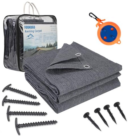 FoundGo Awning Carpet with Eyelets [280g/m² HDPE] 250x450cm Outdoor Camping Carpet Breathable Awning Flooring including Carrying Bag 8x pegs & Clothesline Blue/Grey