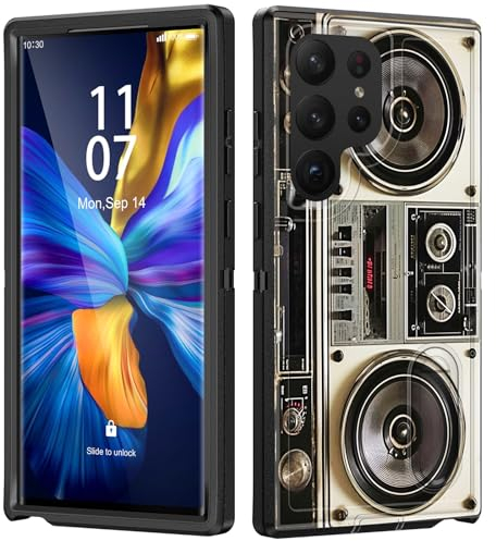 BFUKVOU Schutzhülle für Galaxy S24 Ultra mit eingebautem Ständer, stoßfest, staubdicht, sturzsicher, 3-lagige Schutzhülle in Militärqualität, 17,3 cm (6,8 Zoll) 2024, Vintage 80er Jahre Boombox