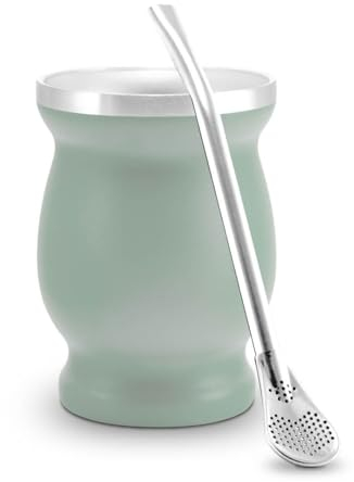 caámate. Mate Tee Becher Set ● Matebecher Edelstahl doppelwand isolier Design + Matetrinkhalm Edelstahl (Grün)
