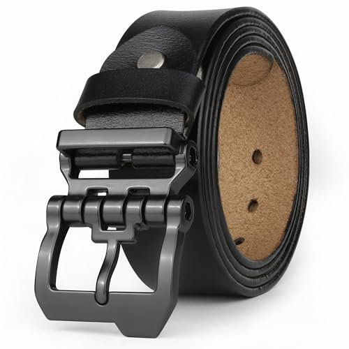 JingHao Gürtel Herren, Echtleder 110-160cm, Jeansgürtel, Metall Retro Denim, Großer Taille Männer Gürtel, 38mm Breit, Schwarz, Braun, D20 (Länge 110cm, Fit für Taille 31-33, Schwarz)