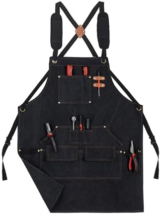 Tosewever Work Aprons for Men with Large Pockets, Canvas Cross Back Heavy Duty Adjustable Tool Aprons for Chef Cooking BBQ (Black)
