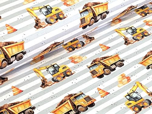 Eigenproduktion French Terry Baustellen Fahrzeuge Streifen auf Hellgrau Stoff Meterware Kleiderstoff