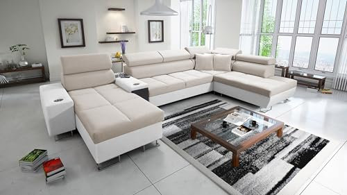 All4All Ecksofa mit Schlaffunktion Margo V 371x221 cm - Schlafsofa mit Bettkasten - Wohnlandschaft in U-Form - XXL Sofa - Seite Links - Gewebe mit Kunstleder - Beige/Weiß - Modern 26
