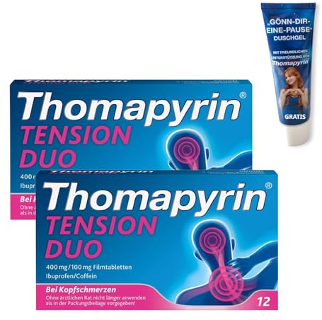 Thomapyrin TENSION DUO 2x12 Stk & Duschgel | Thomapyrin TENSION DUO Schmerztabletten bei stärkeren Kopfschmerzen | Ibuprofen mit dem Booster Coffein | Wirkt 40% stärker als Ibuprofen 400 mg