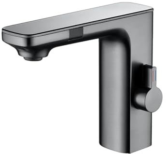 Grifo de lavabo de baño de doble inducción LCD inteligente gris plateado de lujo grifo de bañera de lavabo de baño mezclador de agua fría y caliente montado en encimera de aleación de zinc(Gray)