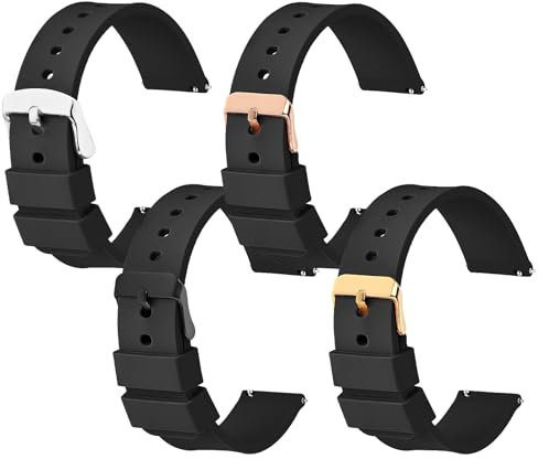 Cobee 4 Stück Silikon Uhrenarmbänder schnell lösbare wasserdichte weiche Uhrenarmbänder mit schwarzer oder silberner Edelstahlschnalle, kompatibel mit Sportuhren Armbändern(20mm)