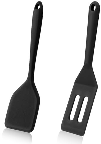 JIYIN 2 Stück Pfannenwender Silikon, Servierspatel Set Mini Schaufel Schlitzspatel Kochspatel für Küche Backe Omelett Crepes (Schwarz)