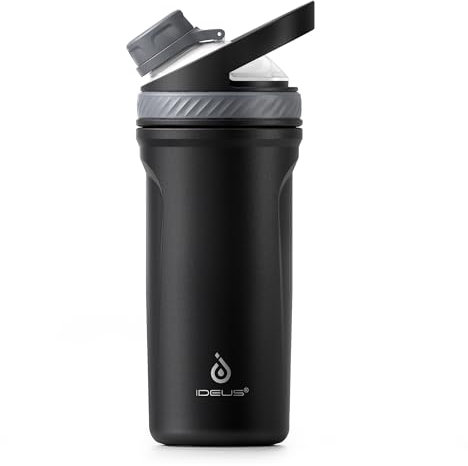 Ideus Shaker Protein Trinkflasche 710ml (24oz)，Doppelwandig Edelstahl Sportflasche mit Mischkugel, Metall Eiweiß Flasche mit Mischkugel, BPA frei, auslaufsicher Schraubverschluss (Schwarz)