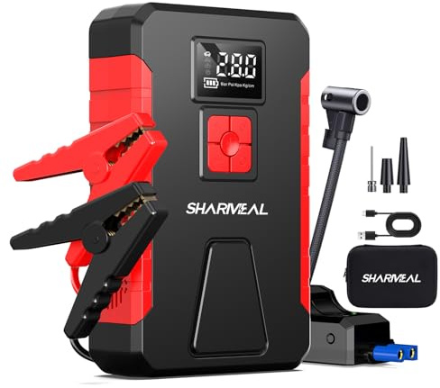 SHARMEAL 10000A Portable Car Battery Booster (All Gas/10L Diesel), Jump Starter Power Pack with 150PSI Air Compressor, 12V Car Jump Starter Power Bank with Jump Leads, LCD Screen, Emergency Light