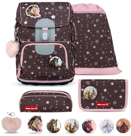 Belmil Motion ergonomisches Schulranzen Set 5-teilig aus recyceltem Material mit Brustgurt, Hüftgurt, Magnetverschluss, Patch Set 6 Stück (405-74/AG/S) (Champion Horse)