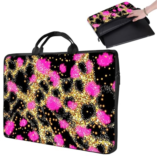 Laptop Sleeve 16 inch,17 Laptop Sleeve with Handle,Compatible for MacBook pro/HP/Lenovo/Dell 16-17 inch,Paded Computer Sleeve Laptop Carrying Case Bag for Women-Gold Pink Leopard Print