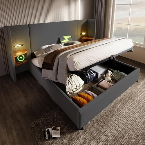 MURUL Polsterbett Doppelbett mit Nachttisch, Leselampe und USB Type-C Ladefunktion, Leinen, Bettanlage Stauraumbett Bettgestell mit Lattenrost aus Massivholz und Metall (Grau, 180×200cm)