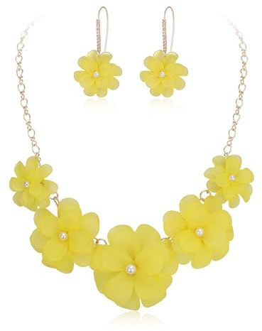 Ever Faith Flower Statement Necklace Boho Summer Holiday Beach Jewellery Floral Flower Collar Necklaces with Earrings for Women