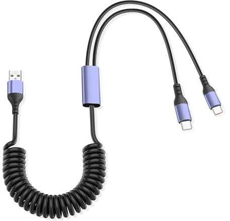 JSADZKJ Cable divisor USB-C Cable en espiral de USB-A a doble tipo-C 2 en 1 USB3.0 Cables de carga rápida para coche, teléfonos móviles, ordenadores portátiles y dispositivos de tipo C 5.9FT
