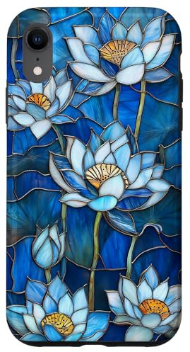 Blue Lotus Flower Stained Art Deco Wildflower Floral Vintage Case for iPhone XR