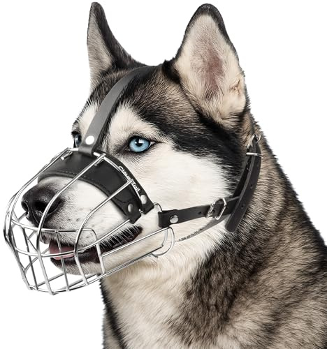 CleverTail Metall-Maulkorb für Husky – Körbchen-Maulkorb mit verstellbaren Lederriemen – Stahl-Käfig-Schutz zum Verhindern von Beißen und Fressen – Mundschutz für Akita, Pitbull, Labrador