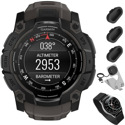Garmin Instinct - Smartwatch AMOLED GPS per esterni, 3-50 mm, nero con cinturino nero, con dock di ricarica Deco Essentials per Venu 3 + copertura antipolvere in silicone + pellicola protettiva