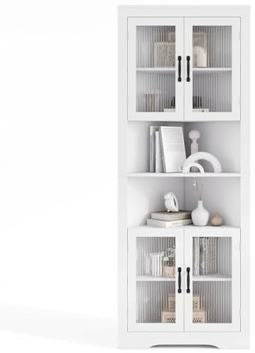 COSTWAY Armario Esquinero Alto de Baño, Mueble de Baño Triangular con 4 Puertas de Vidrio Templado, Estantes Ajustables, Gran Armario Despensa Independiente para Cocina Comedor