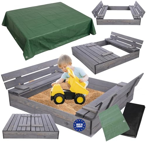 MODO24 Holz Sandkasten Deckel Plane Bänke 120x117 cm Grau Imprägniert | Robustes Gartenspielzeug für Kinder, Holzsandkasten mit Deckel, Bänken & Schutzplane, Kindersandkasten Komplettset Garten