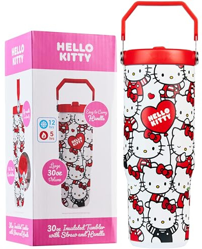 Get Trend Hello Kitty Sanrio Botella Termica con Pajita y Asa 850ml, Vaso Térmico Antigoteo Reutilizable, Taza Acero Inoxidable, Bebidas Frías y Calientes (AOP Hello Kitty)
