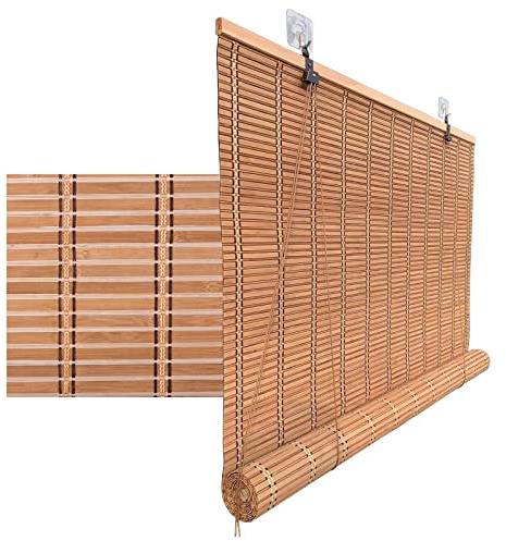 Easy Install Blackout Roman Shades - Natural Bamboo Window Blinds No Tools No Drill Light Filtering Sun Shade Perfect for Indoor Home & Closet Window Treatment