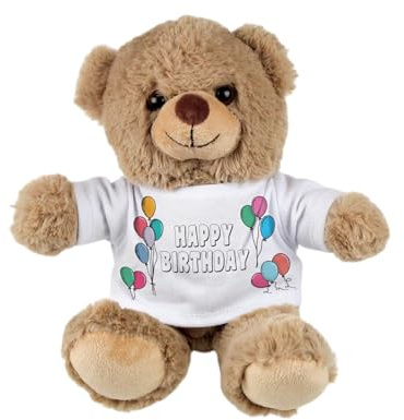 Purely Home Happy Birthday Balloons Teddy Bear - Small Plush Bear Gifts - Light Brown Stuffed Animal with Printed T-Shirt