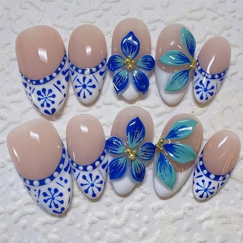 Auroriel 24 pièces Medium Pose Ongles Amande Bleu avec Design Fleurs 3D French Tip Blanc Faux Ongles Acryliques Réutilisables Couverture Totale Art de l'ongle Printemps É