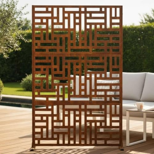 Nicoman Outdoor Privacy Screen Panel, Decorative Metal Garden Divider, Geometric Pattern, Freestanding Room Partition for Patio, Deck, Backyard (Rust - Maze, 180 x 90 cm)
