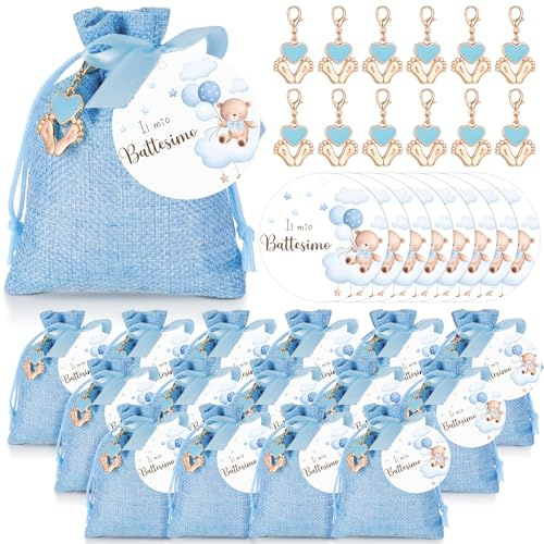 BBTO Set di Regali per il Baby Battesimo, Orso, Blu, 30 Set | Biglietti di Il Mio Battesimo Portachiavi Sacchetti con Coulisse per Baby Shower Bomboniere Nascita