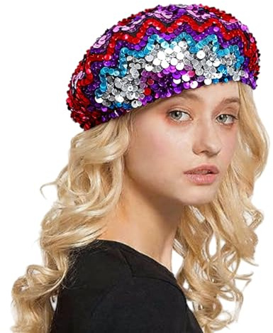 Baskenmütze Damen Pailletten Hut Faschingsmütze Disco Hut Kappe Paillettenmütze mit Glitzer Paillettenbesetzte Barett Trend Maler Mützen Winter Beanie Mütze Karneval Party Club Festival Outfit