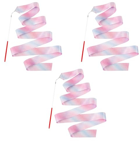 Classicseali Lot de 3 bandes de gymnastique avec bâton, bande de danse rose | Bandes de danse pour enfants, bandes rotatives pour danse, gymnastique rythmique et spectacles de bande
