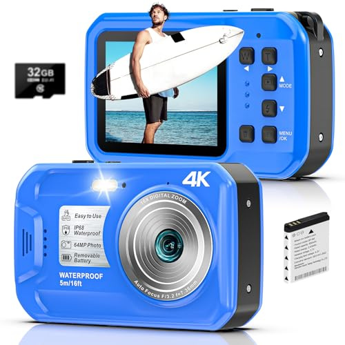 Appareil photo sous-marin 4K UHD 64 MP autofocus numérique étanche avec carte 32 Go, IP68 et 16FT caméra sous-marine avec écrans IPS HD, zoom numérique flottant 16x, lumière éclaircissante, pour la