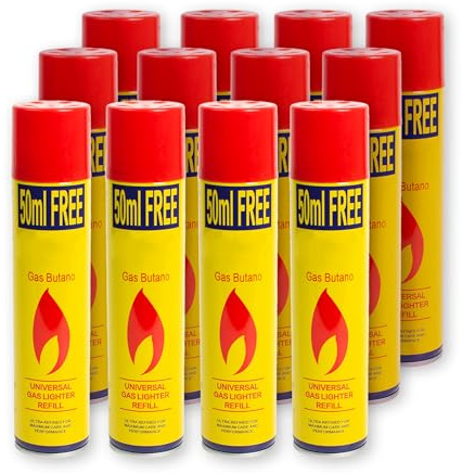 BESCH Pack de 12 Gas Butano para Mecheros 300ml – Recarga Universal para Encendedores Recargables, Compatible con Clipper, Válvula Precisa, Gas Ultra Refinado