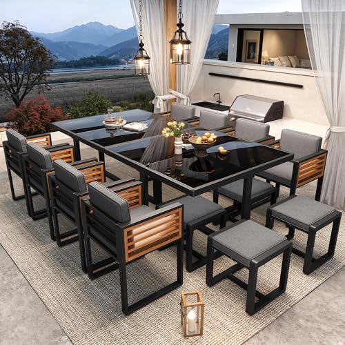 Gartenmöbel Set, Sitzgruppe Garten Lounge 12 Stühle mit Tisch, Terrassenmöbel Balkonmöbel für 12 Personen, Gartengarnitur Sitzgarnitur Garten Essgruppe, Glastischplatte (Grau B, 12 Stühle mit Tisch)