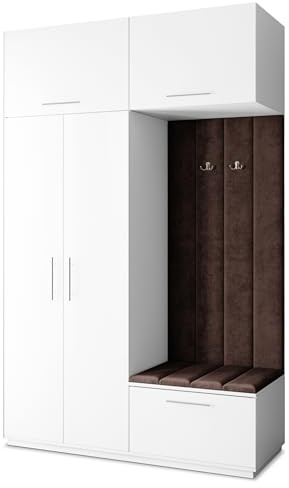 Masseno Flugarderoben Set Rema, Kleiderschrank-Set mit Sitzbank, Garderobenschrank Flur mit 5 Regalböden, Weiß