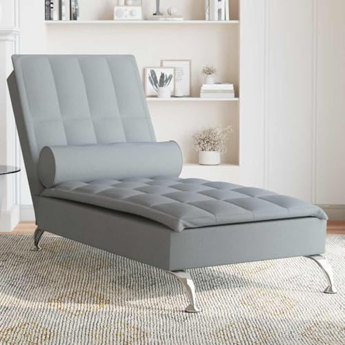 LoogCape Relaxliege mit Nackenrolle in Hellgrau Stoff, ergonomisch verstellbar, moderne Lounge-Recamiere, ideal zum Relaxen, Lesen oder Schlafen, mit stabilen Metallbeinen und USB-Massagefunktion