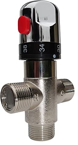 alfa-pool Thermostatischer Brauchwassermischer 3-Wege 3/4 AG, Verbrühungsschutz, Messing, Chrom, Mehrwegeventil, Ventil, Wasserarmatur, Silber