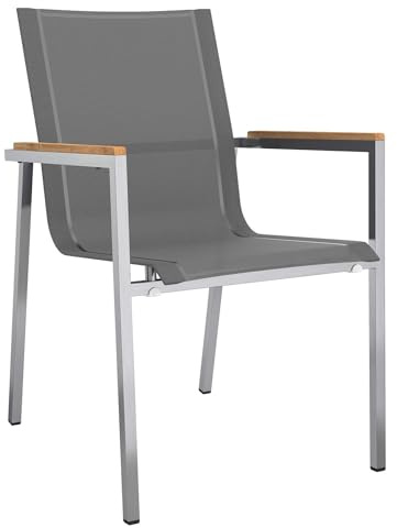 OUTLIV. Rimini Stapelsessel, stapelbar, mit Rückenlehne, Silber-Schwarz | Textilene, Edelstahl und Teak; stapelbar und mit Rückenlehne; 56x65x87cm; Silber-Schwarz; platzsparend, komfortabel