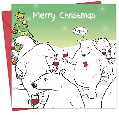 Twizler Merry Christmas Karte mit Polar Bär, Party, Wein und Kerl – Happy Weihnachten – Funny Christmas Card – Damen Weihnachten – Herren Weihnachten Karte