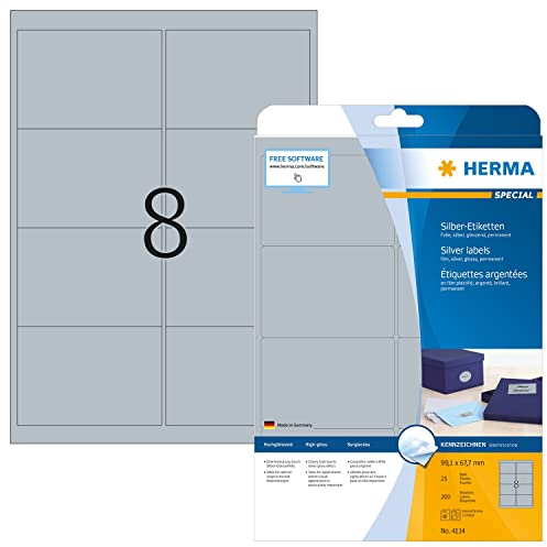 HERMA 4114 Wetterfeste Folienetiketten silber, 25 Blatt, 99,1 x 67,7 mm, 8 pro A4 Bogen, 200 Stück, selbstklebend, bedruckbar, glänzend, blanko Klebeetiketten Aufkleber aus Folie