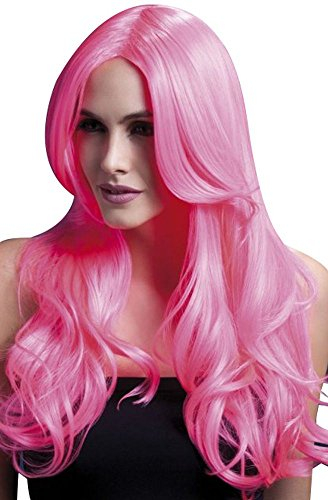 Smiffys Fever Kollektion, Khloe Perücke Neon-Rosa, Lang, Wellig mit Mittelscheitel, 56cm/22in